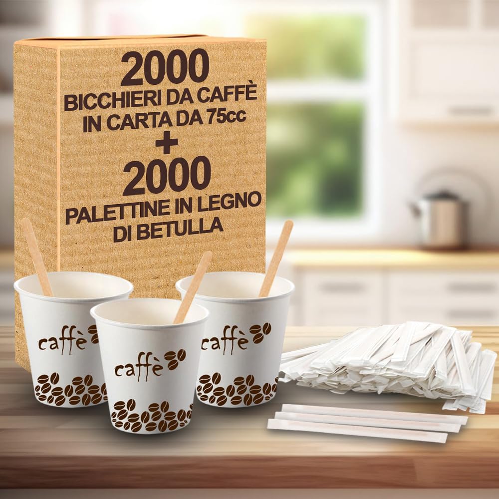 GM Kit 2000 Bicchieri Bianchi in Cartoncino Caffè da 75 ML + 2000 Palettina da Caffe' in Legno di Betulla imbustate singolarmente