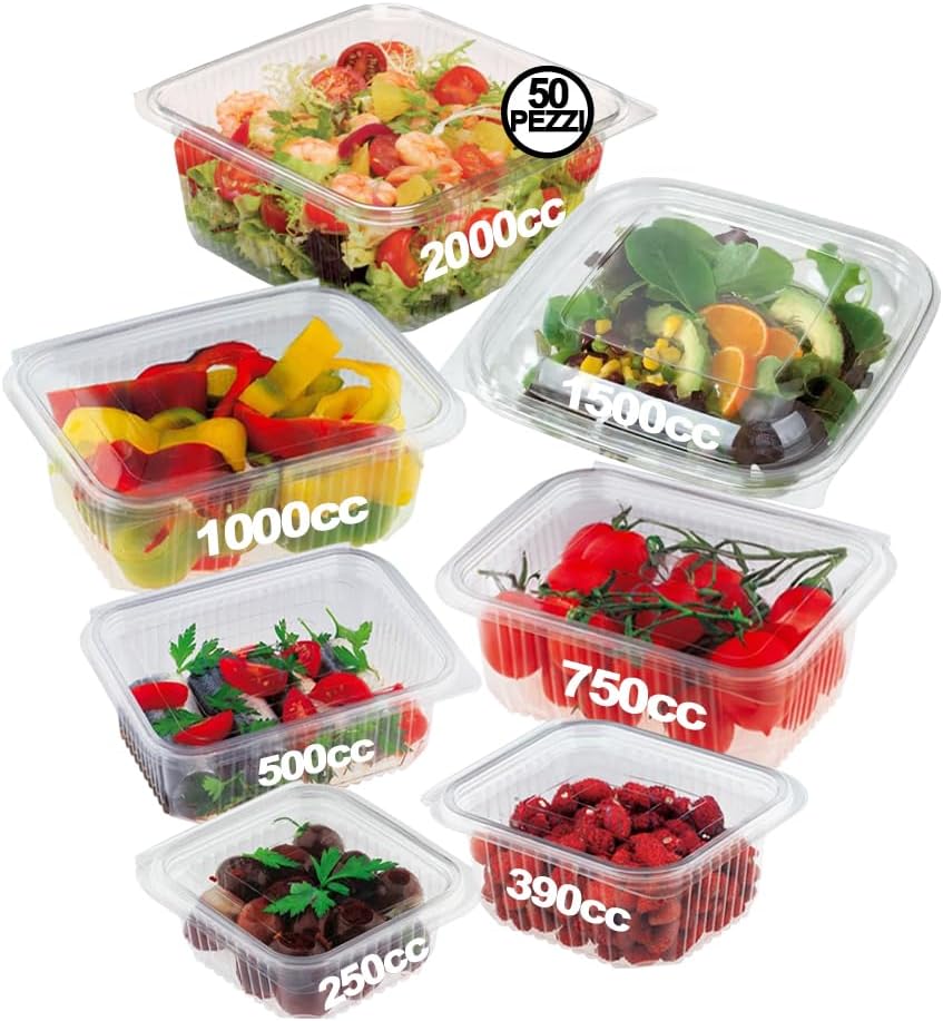 GM 50 Vaschette per Alimenti Usa e Getta con Coperchio Quadrata Trasparenti in PET Misura 2000 cc Contenitori PET con Coperchio Trasparente Vaschette per Alimenti con Chiusura ermetica