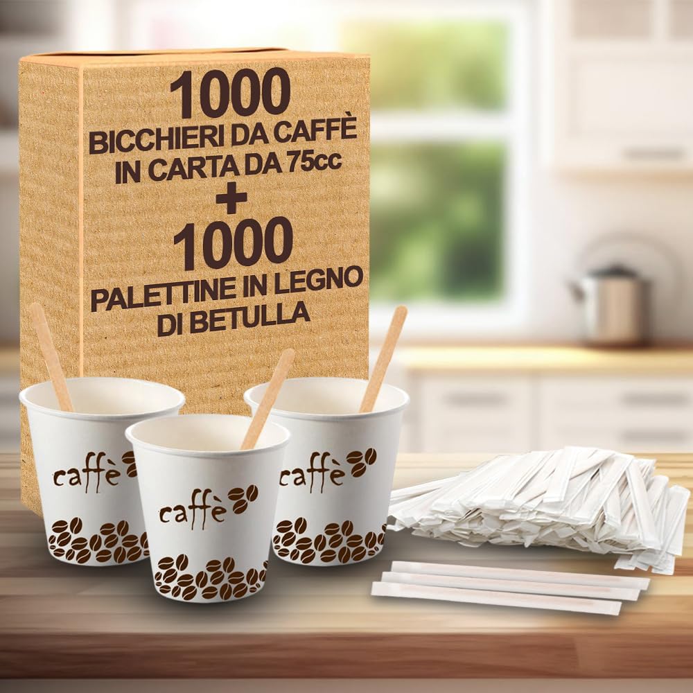 GM Kit 1000 Bicchieri Bianchi in Cartoncino Caffè da 75 ML + 1000 Palettina da Caffe' in Legno di Betulla imbustate singolarmente