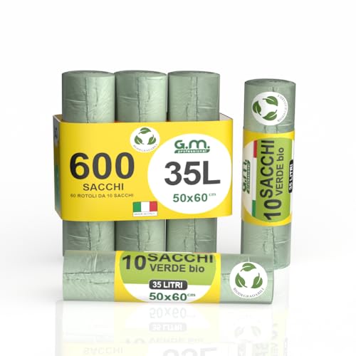GM 600 Sacchi Spazzatura Verdi 90x120 cm Biodegradabili x Umido, Resistenti, 130 litri, Sacchetti Bio Compostabili x Ristoranti, Buste Immondizia per Rifiuti Organici, 60 Rotoli buste immondizia