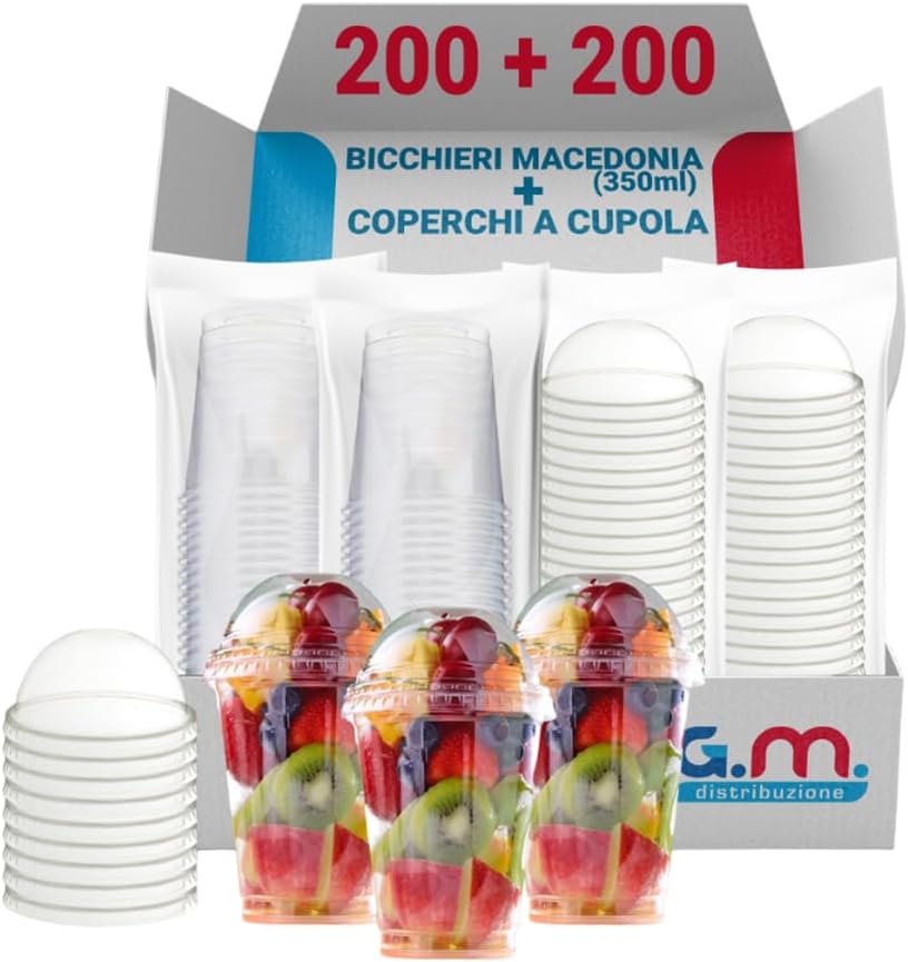 100 Bicchieri Macedonia o Frutta in PP da 350ml + 100 Coperchi A Cupola in PS, Bicchieri e Coperchi Usa e Getta Trasparenti, Bicchiere Monouso Alta Qualità per Bar e Gelaterie.