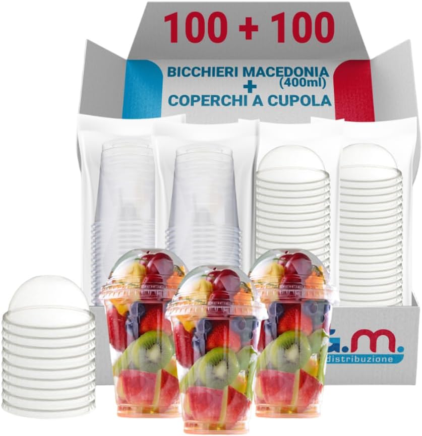 100 Bicchieri Macedonia in PP da 400ml + 100 Coperchi A Cupola in PS, Bicchieri e Coperchi Usa e Getta Trasparenti, Bicchiere Monouso Alta Qualità per Bar e Gelaterie.