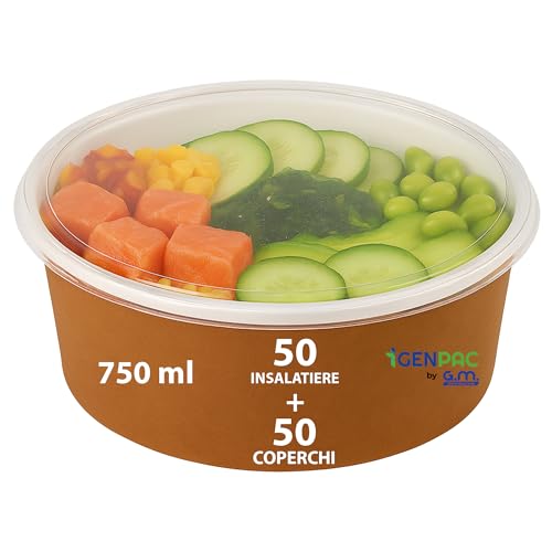 Insalatiere in Carta Avana BIO con Coperchio TrasparenteCompostabili per Insalate Poke e Piatti Freddi – Asporto Gastronomia